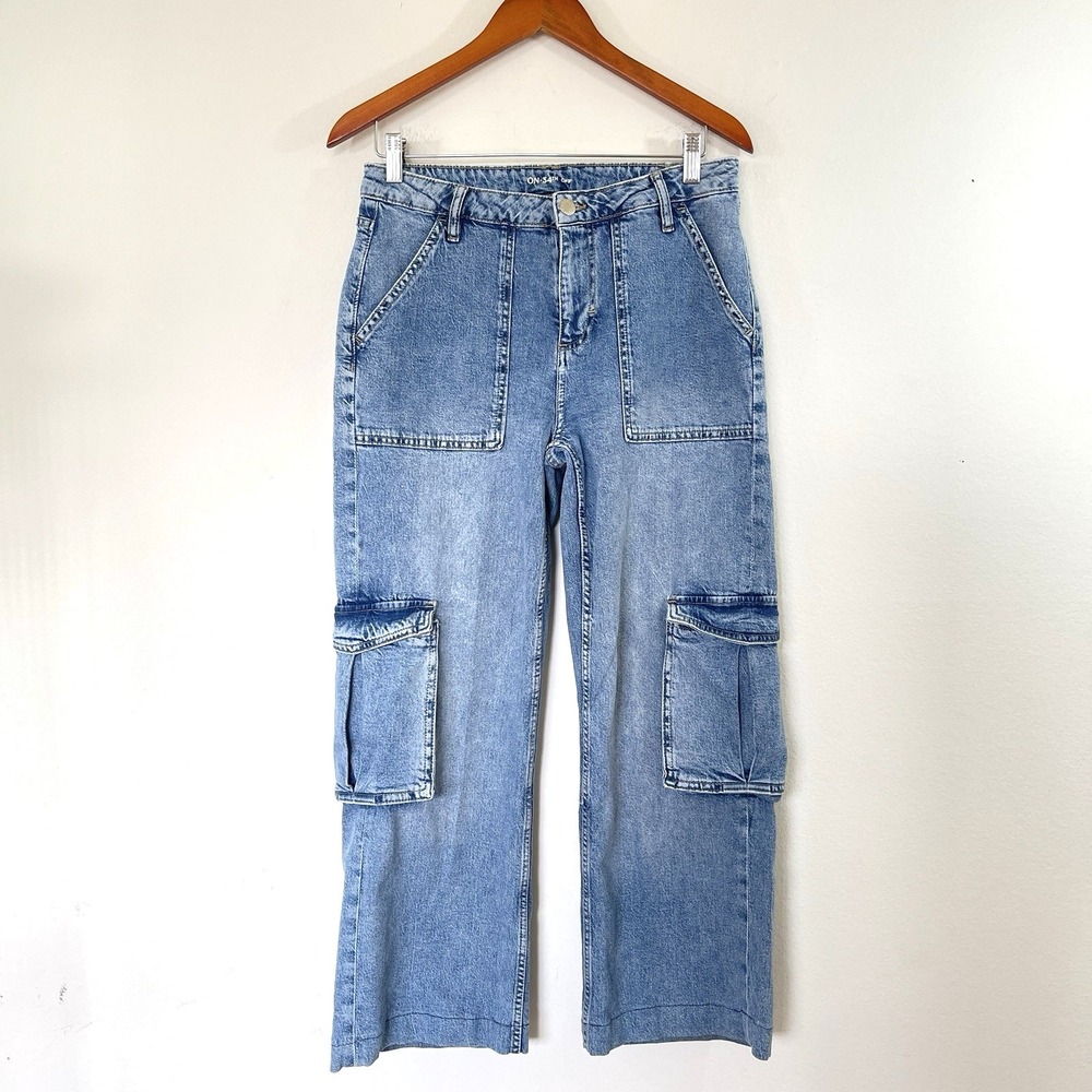 ON 34TH Womens Straight Wide-Leg Baggy Cargo Jeans Size 6/28 Blue Faded Utility